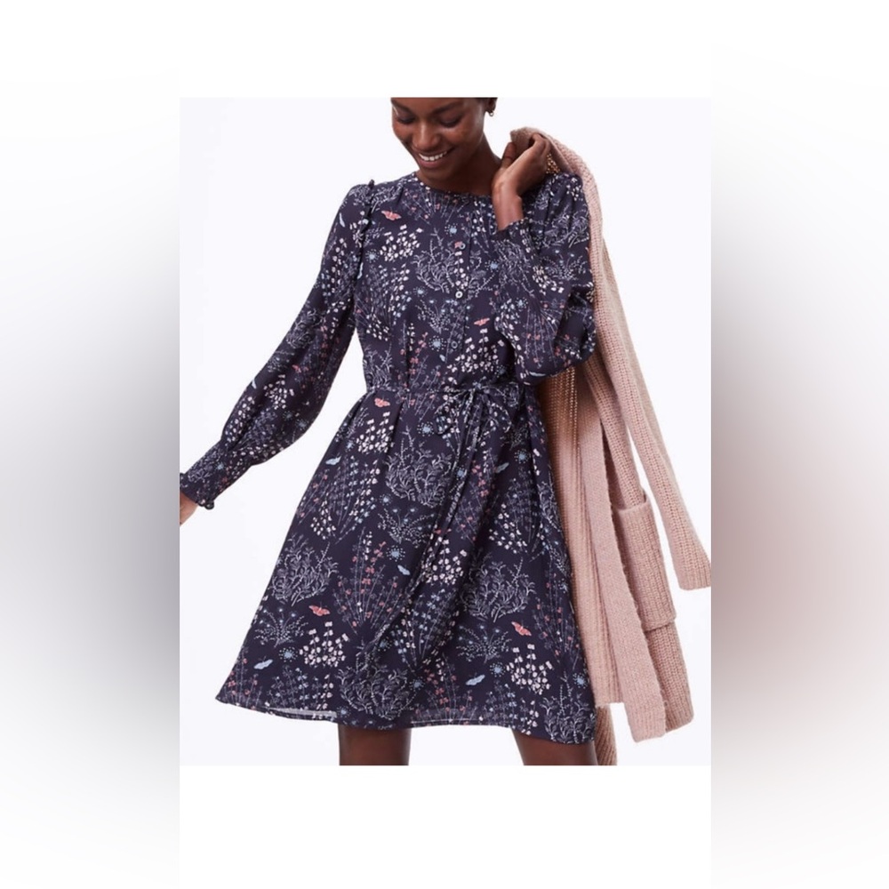 LOFT Navy Floral Long Sleeve Dress